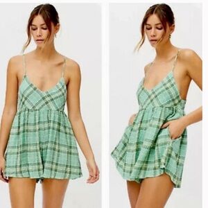 Urban Outfitters Blair V Back Romper with Open Back, Green Plaid, Women’s Size L